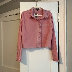 NWT J. Crew Ruffle Trim Button Up Shirt in vintage red stripe- Size L